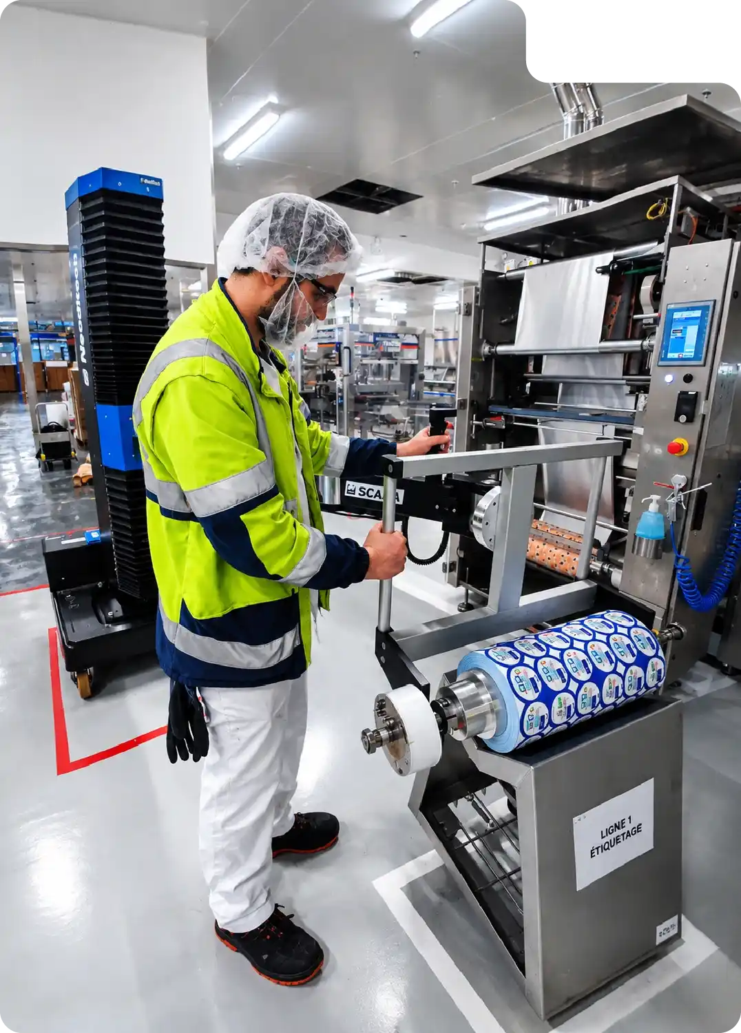 Manipulation d'une bobine d'étiquettes à l'aide du bras manipulateur SCARA TITAN - Manutention agroalimentaire
